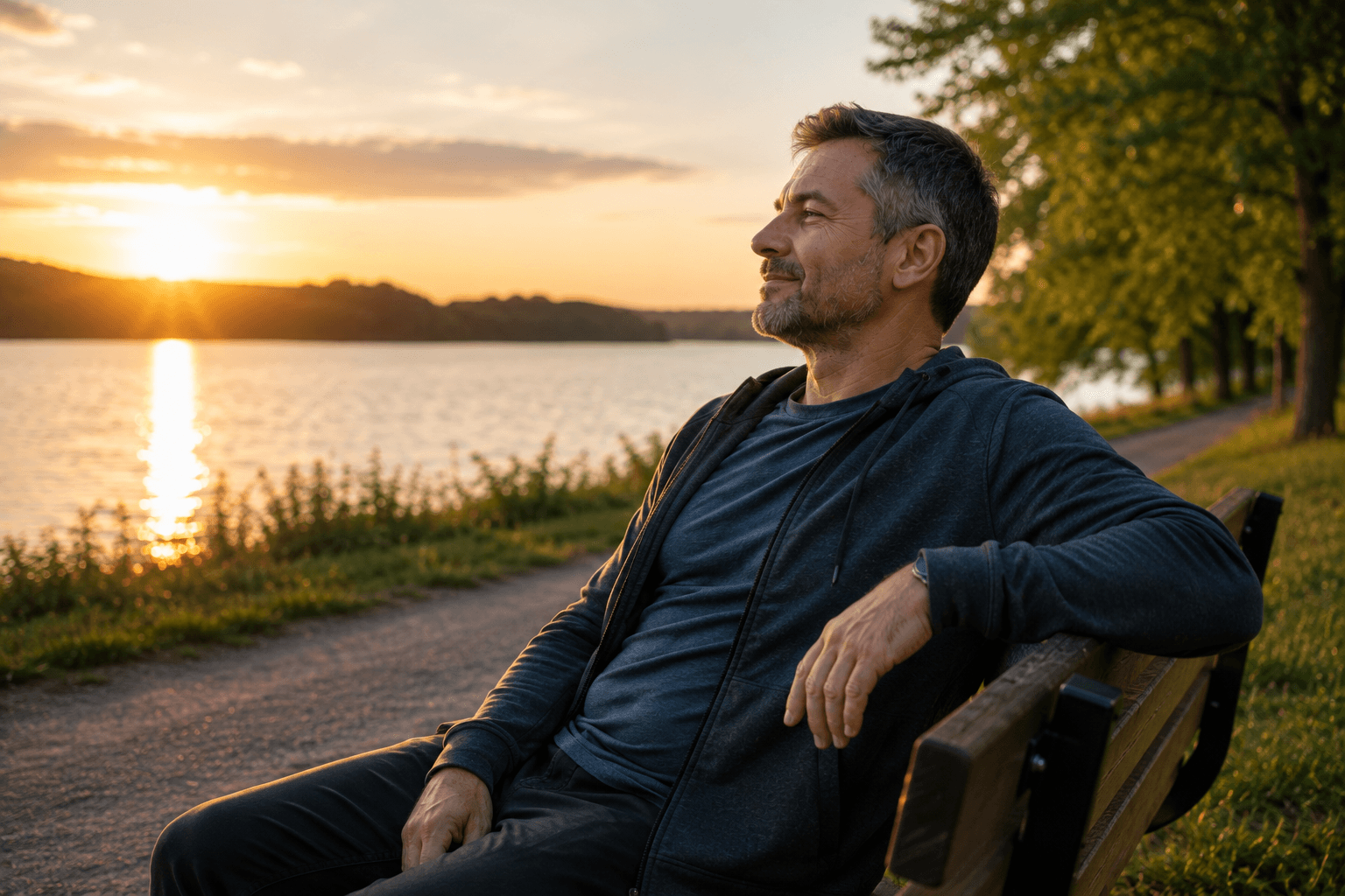 Middle-aged man sitting peacefully on a bench beside a lake at sunset