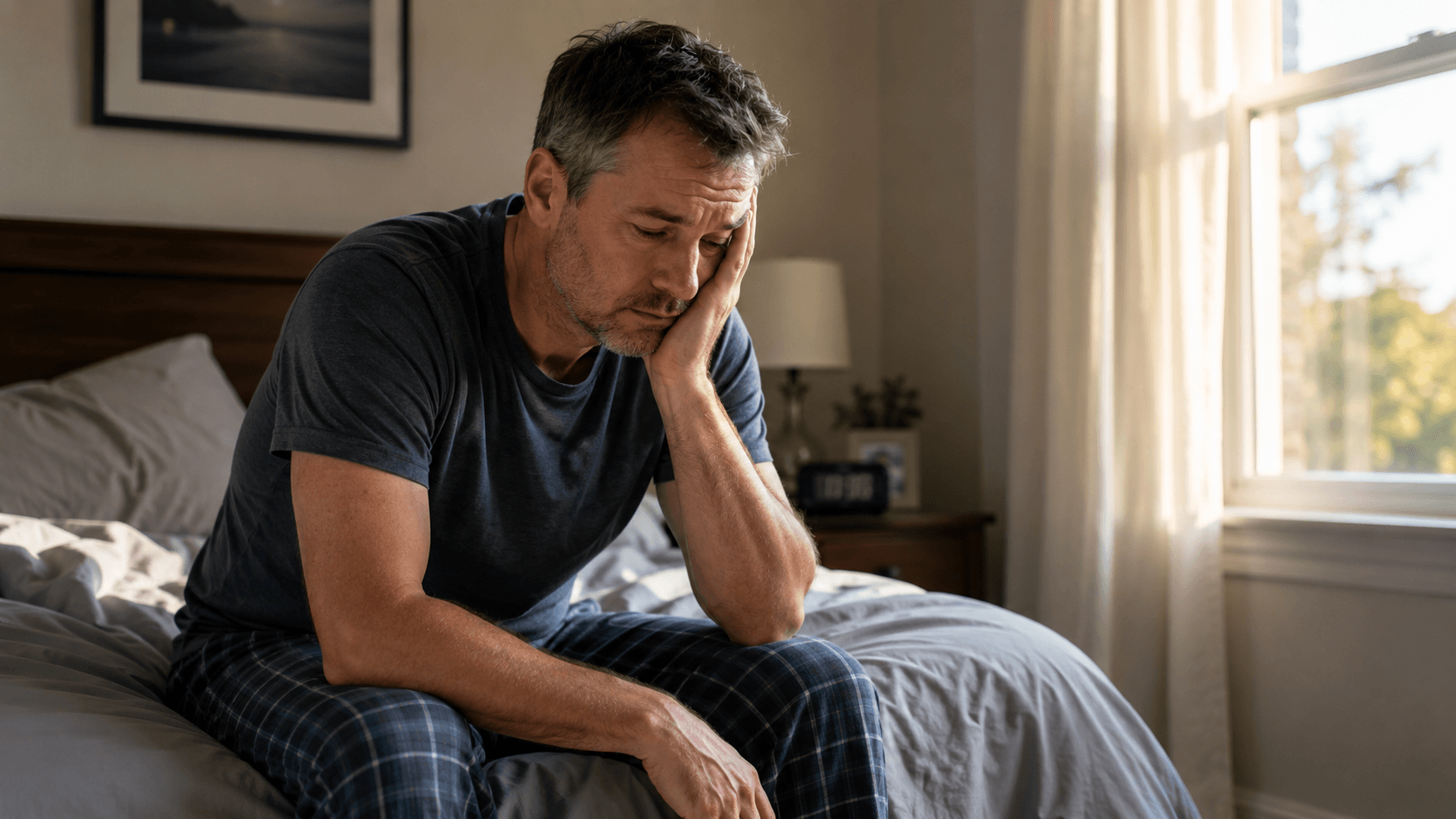 Man experiencing fatigue after unrefreshing sleep