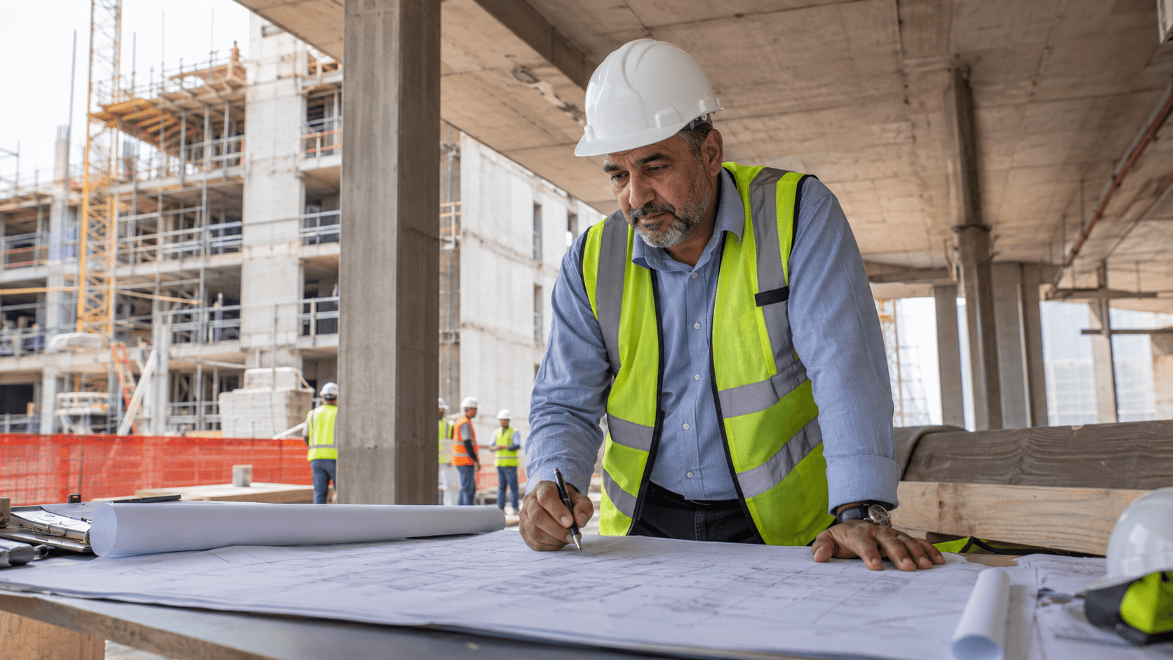 Construction manager reviewing plans while managing chronic fatigue