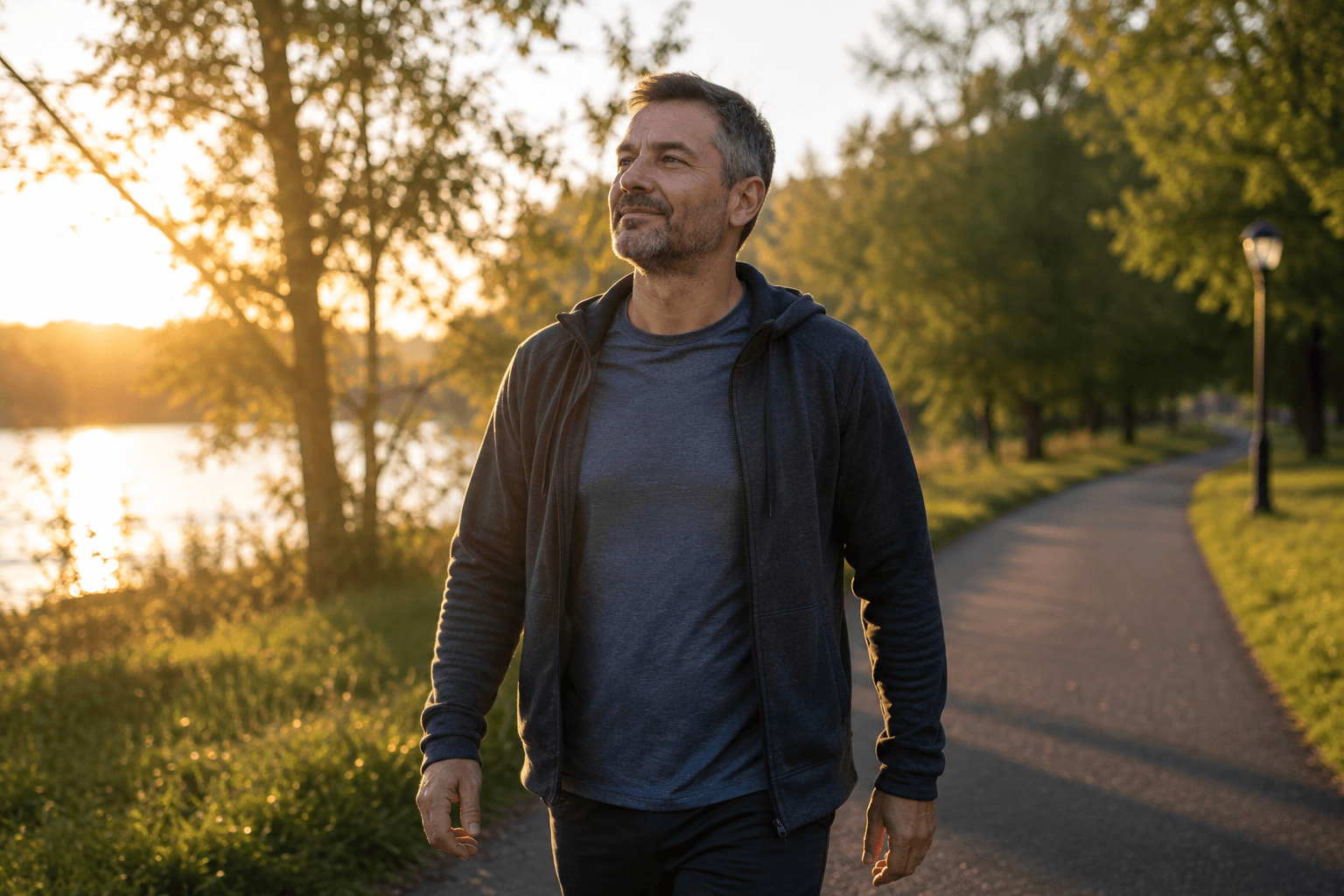 Middle-aged man taking a morning walk in sunlight beside a lake