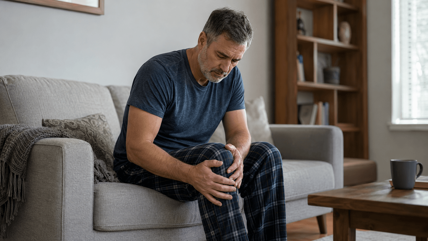 Middle-aged man holding his knee while experiencing joint pain and fatigue