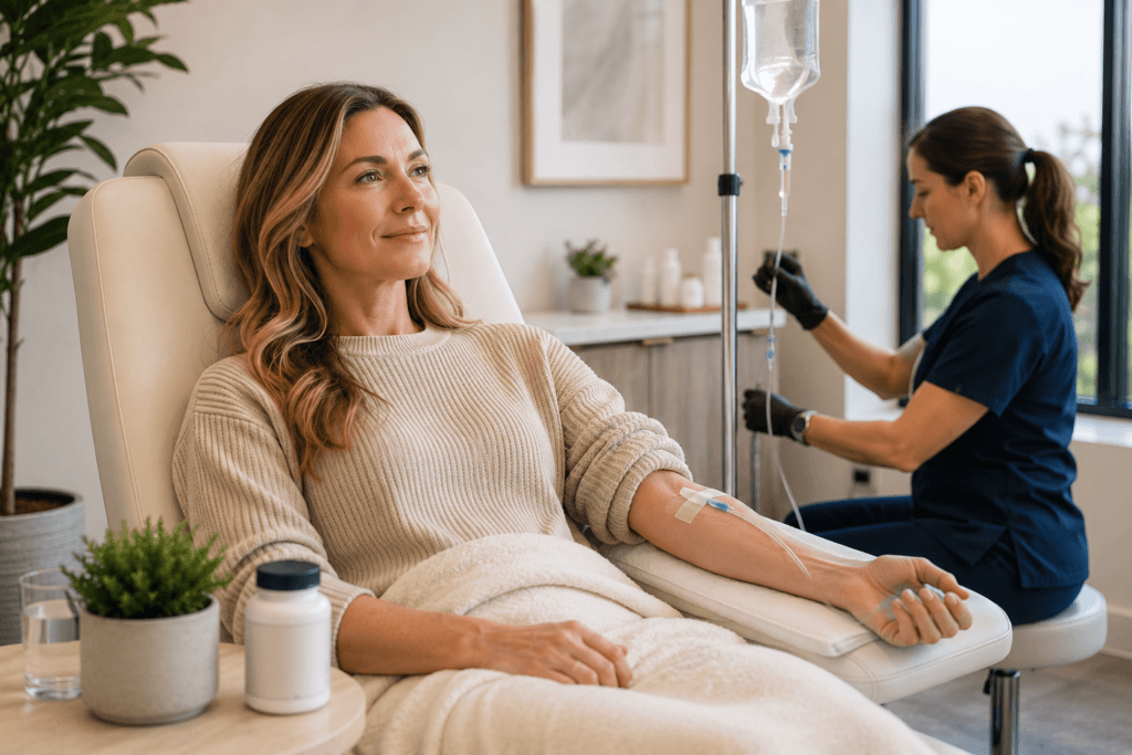 Patient receiving IV therapy in a wellness clinic for a guide comparing NAD therapy cost, injections and supplements