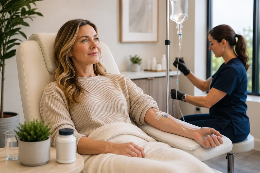 Patient receiving IV therapy in a wellness clinic for a guide comparing NAD therapy cost, injections and supplements
