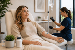 Patient receiving IV therapy in a wellness clinic for a guide comparing NAD therapy cost, injections and supplements