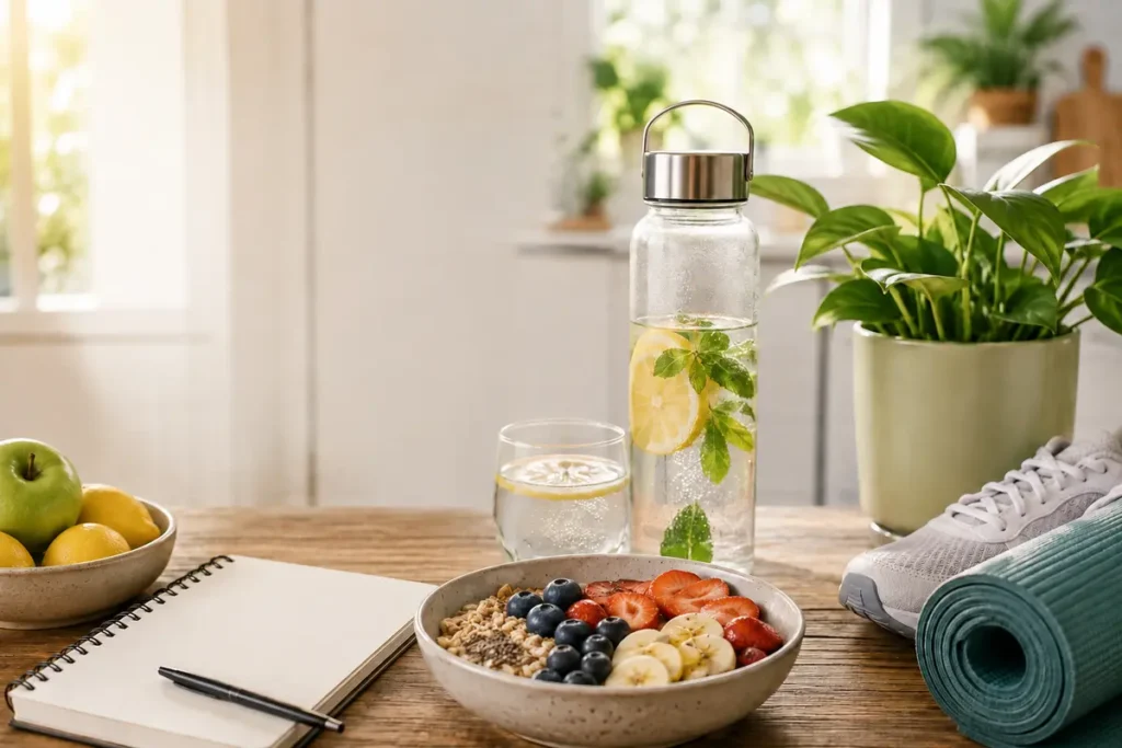 Healthy foods, water, exercise shoes, and a yoga mat representing natural energy without caffeine