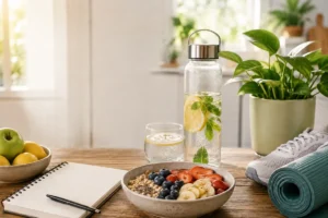 Healthy foods, water, exercise shoes, and a yoga mat representing natural energy without caffeine