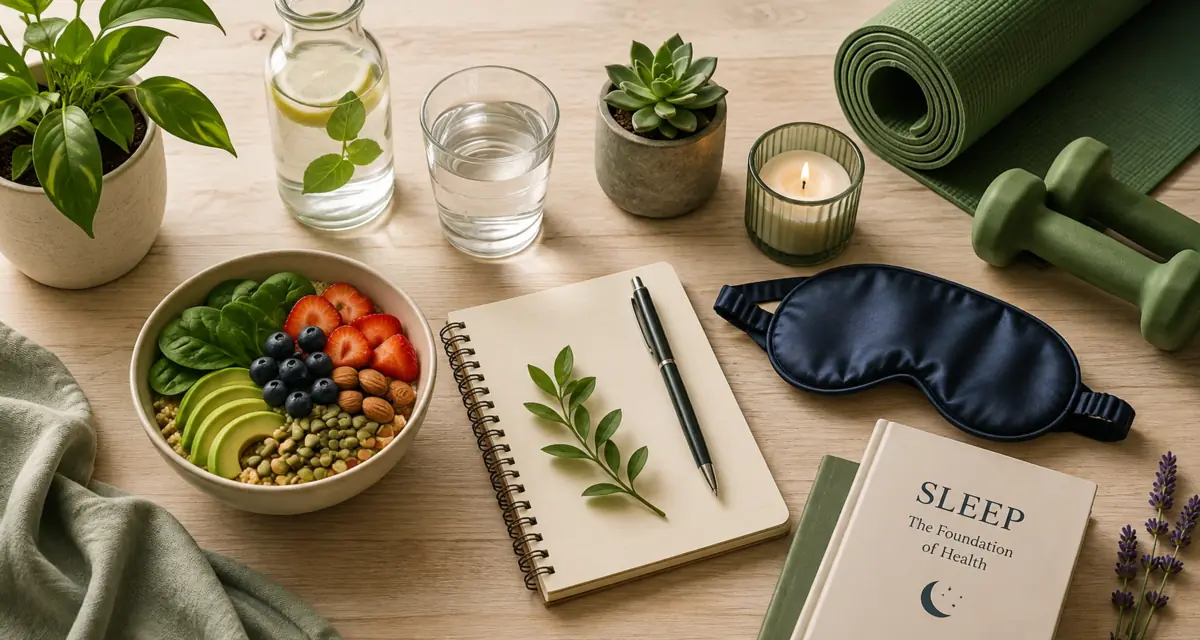 Wellness resource center with healthy food, water, sleep mask, journal, yoga mat, and exercise equipment