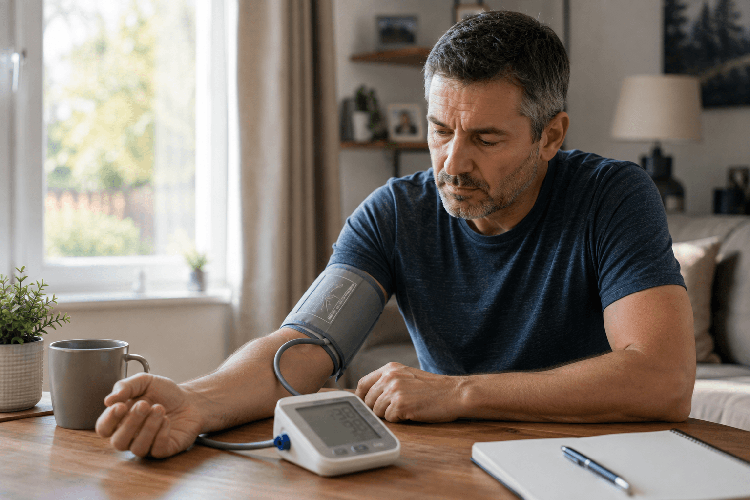 Middle-aged man checking his blood pressure at home with a digital monitor