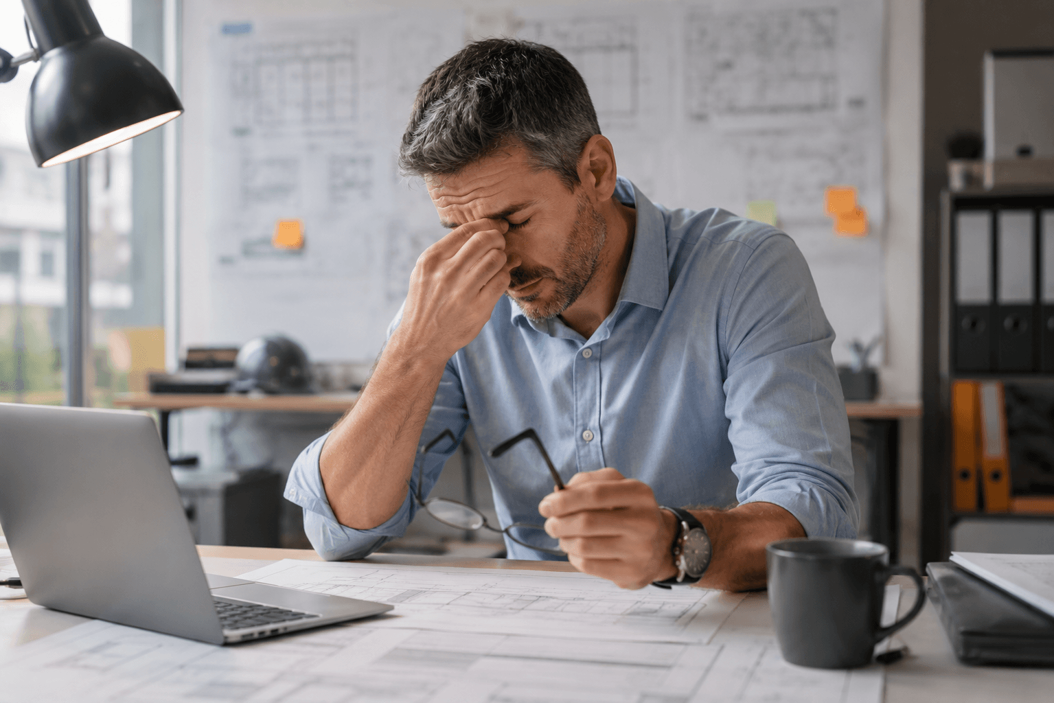 Exhausted construction professional rubbing his eyes while working at a desk
