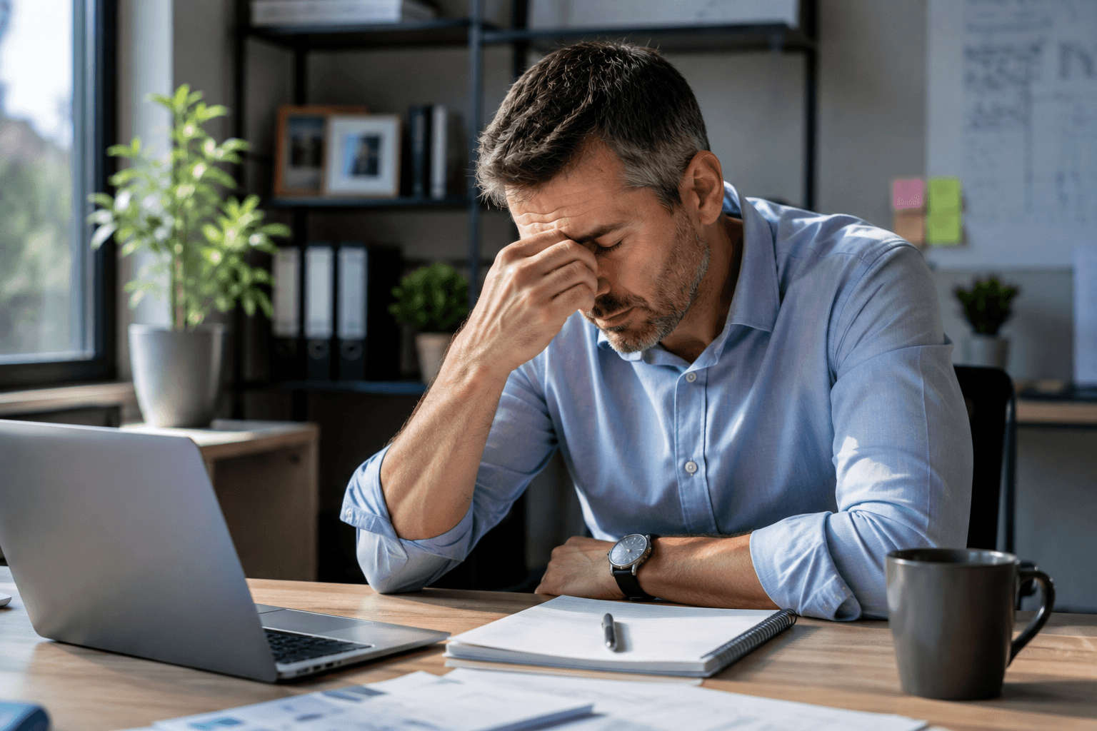 Middle-aged man struggling with daytime sleepiness while working at a desk