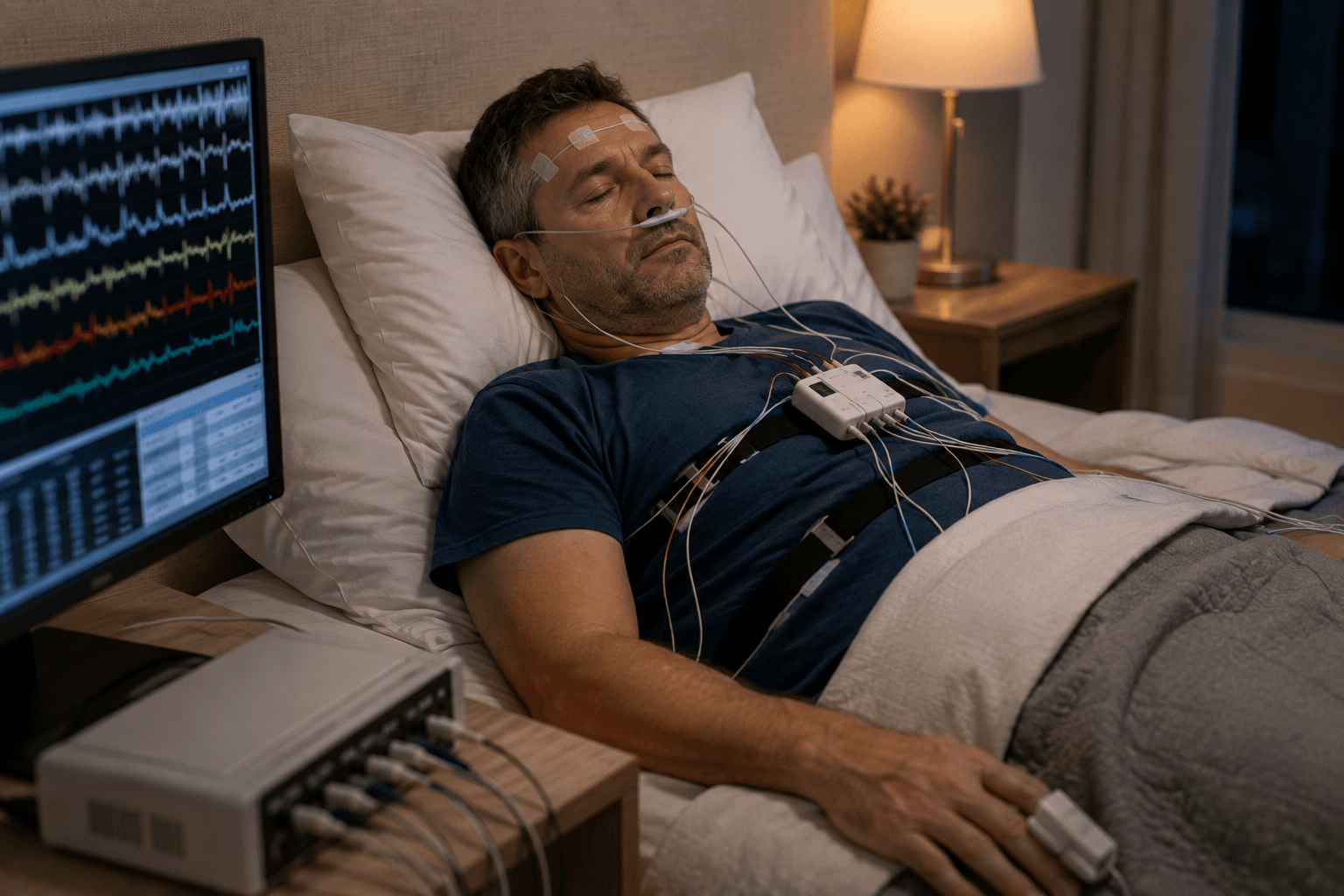 Middle-aged man undergoing an overnight sleep study with monitoring sensors