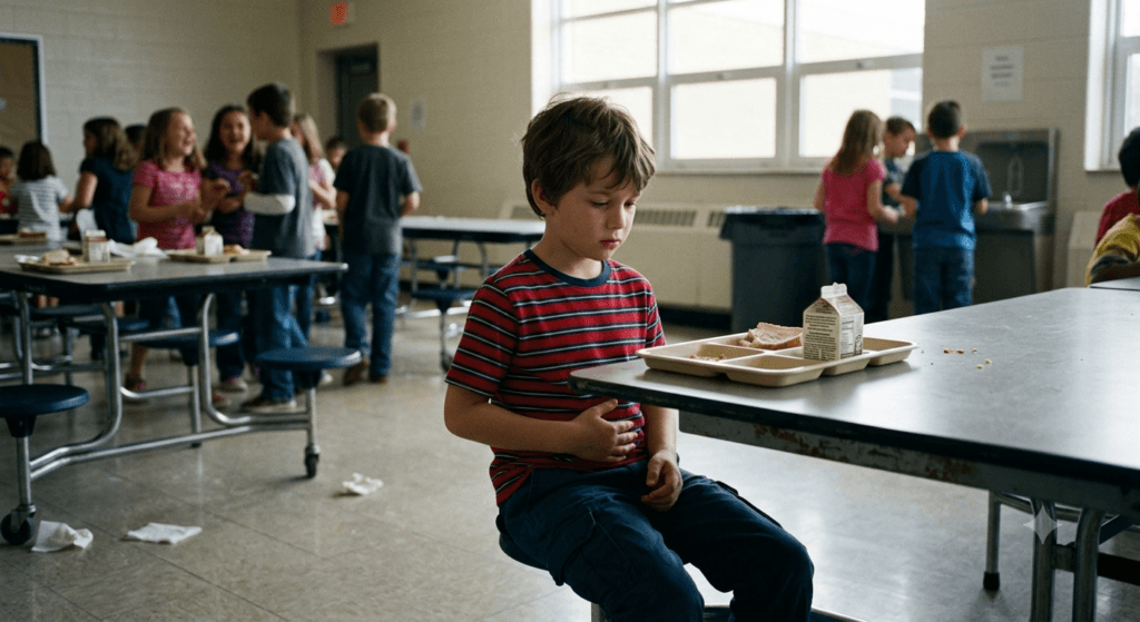 A school-aged child sitting with stomach discomfort, representing early IBS and digestive symptoms.