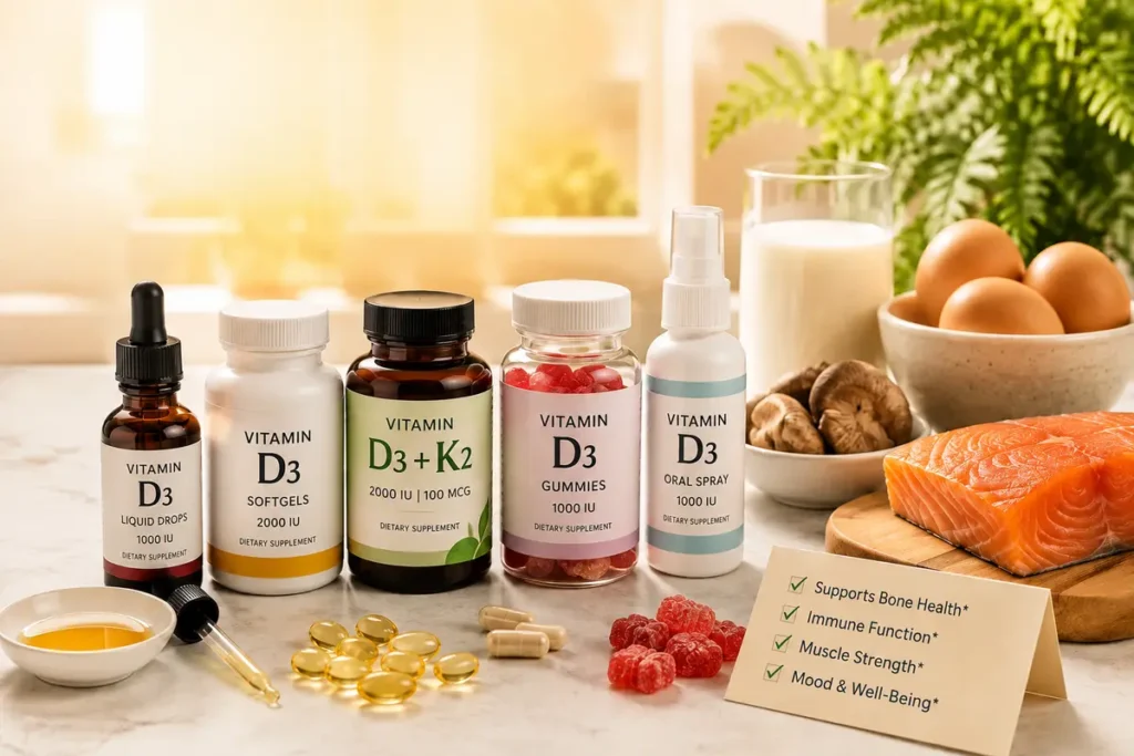 Vitamin D3 supplements in softgel, liquid drop, gummy, spray, and D3 with K2 forms alongside vitamin D food sources.