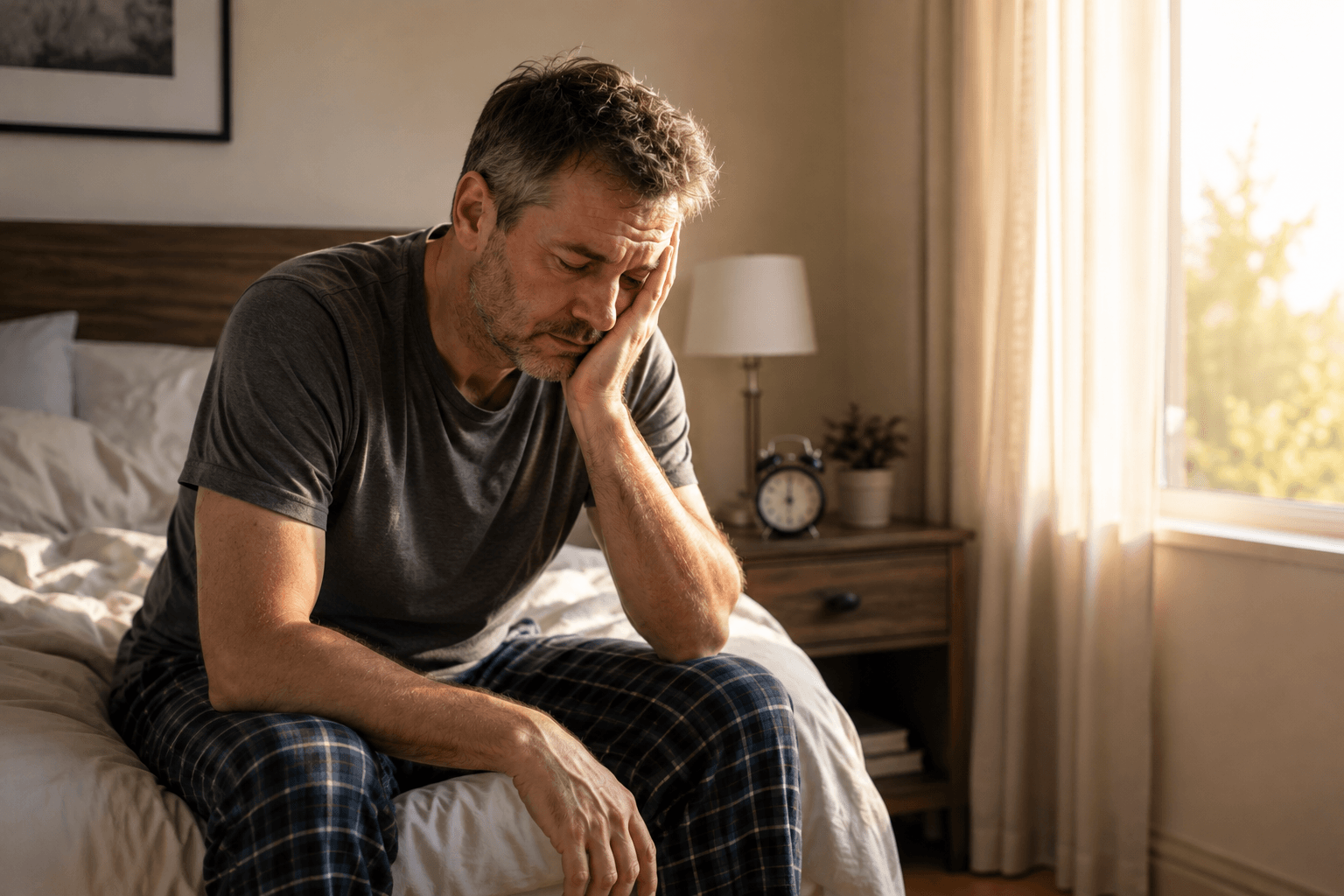 Tired middle-aged man sitting on the edge of a bed after waking in the morning