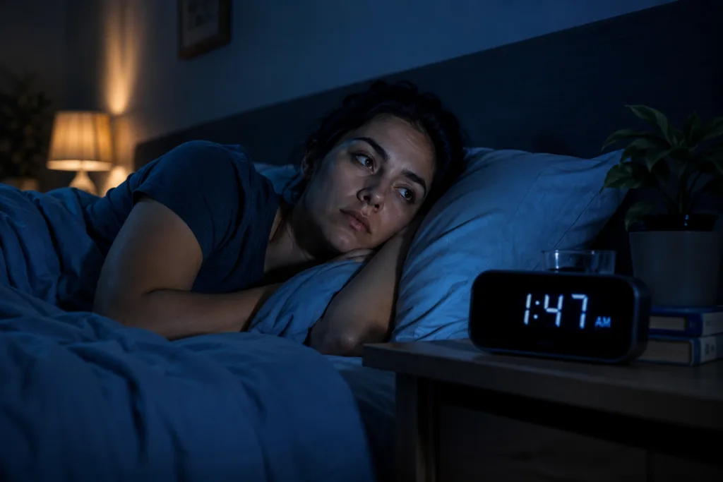 Adult awake in bed at night while trying to fix a disrupted sleep cycle