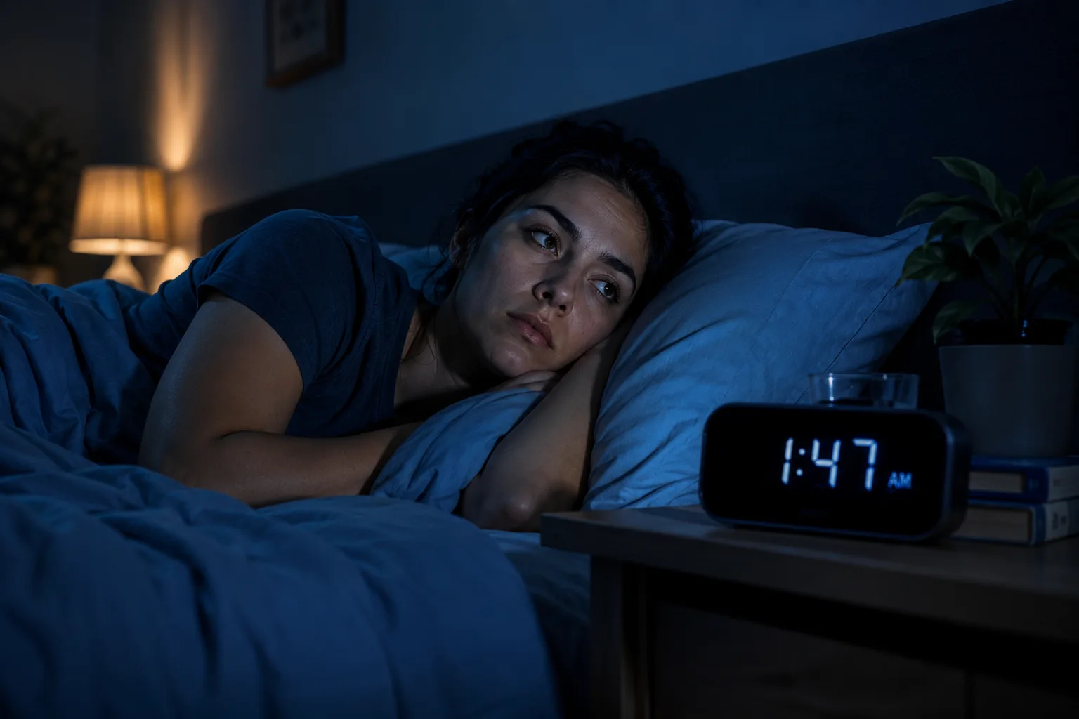 Adult awake in bed at night while trying to fix a disrupted sleep cycle