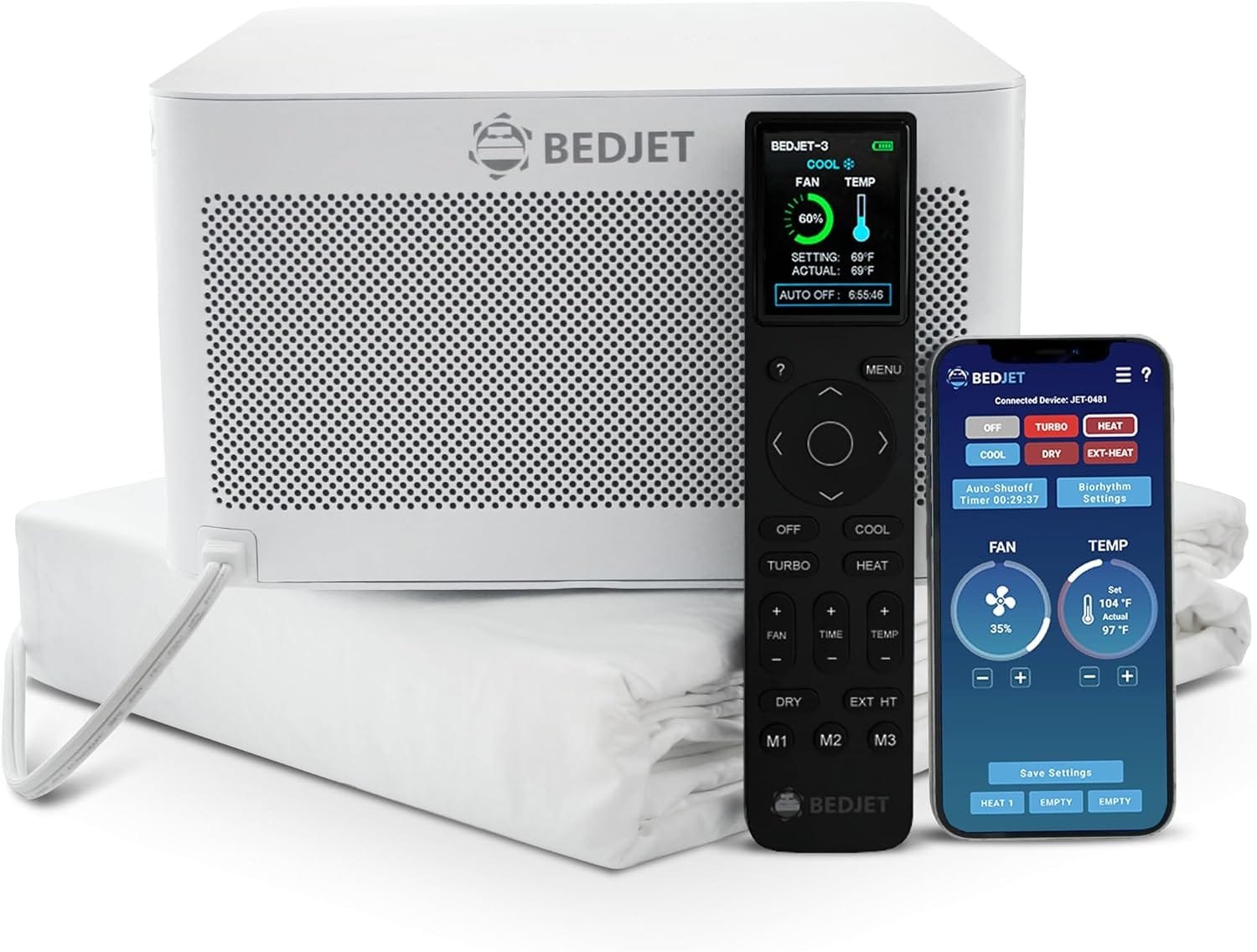 BedJet 3 cooling and heating climate fan with remote, app and Cloud Sheet