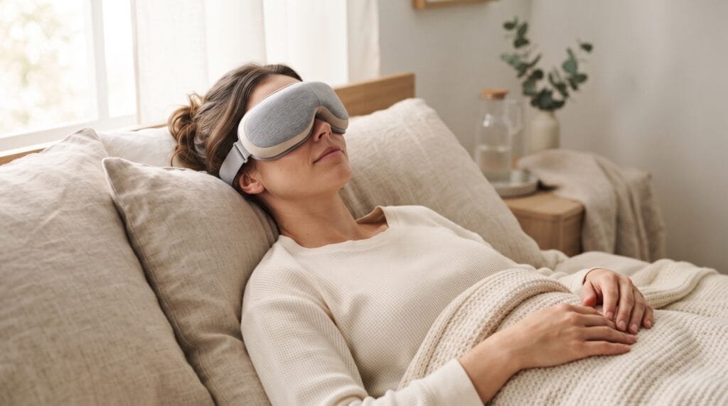 Person relaxing with a heated eye massager