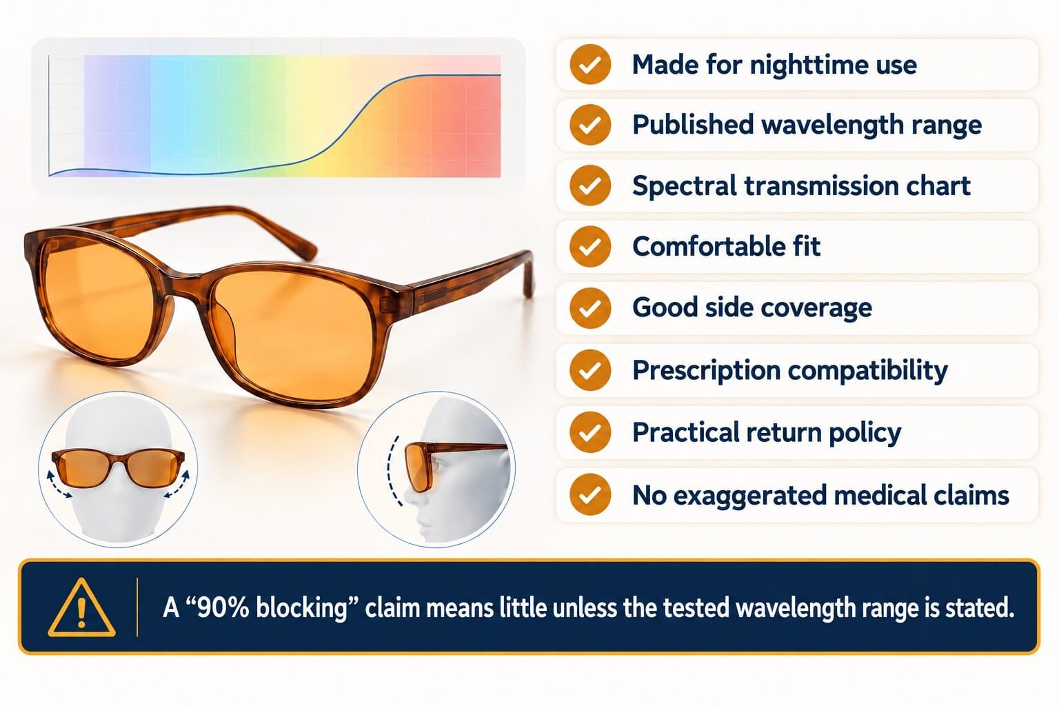 Buying checklist for nighttime blue-blocking glasses including wavelength data, fit, coverage and realistic claims