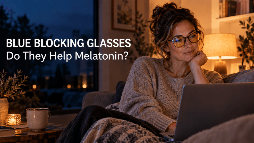 Adult wearing blue blocking glasses in warm evening light before bed