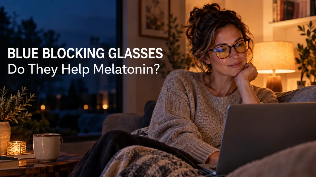 Adult wearing blue blocking glasses in warm evening light before bed