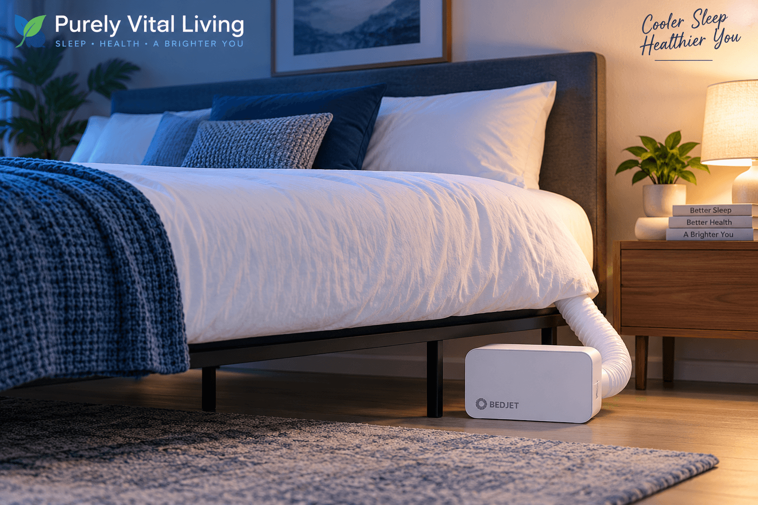 BedJet 3 air-based bed cooling system beside a bed