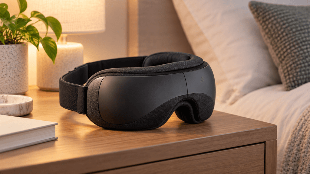 Black eye massager resting on a bedside table