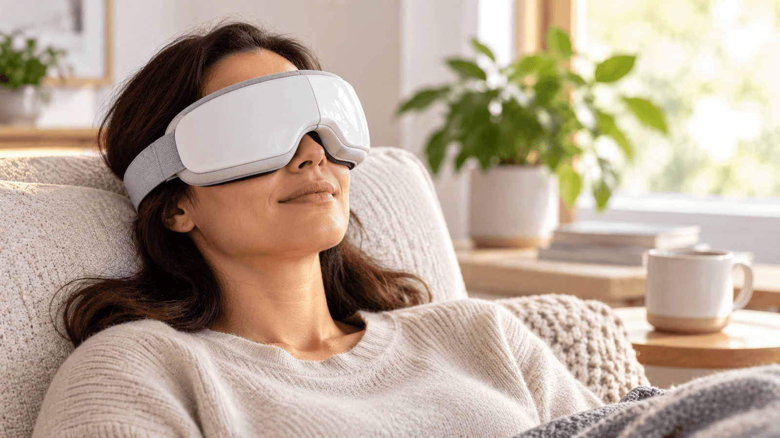 Person relaxing in a chair while wearing an eye massager