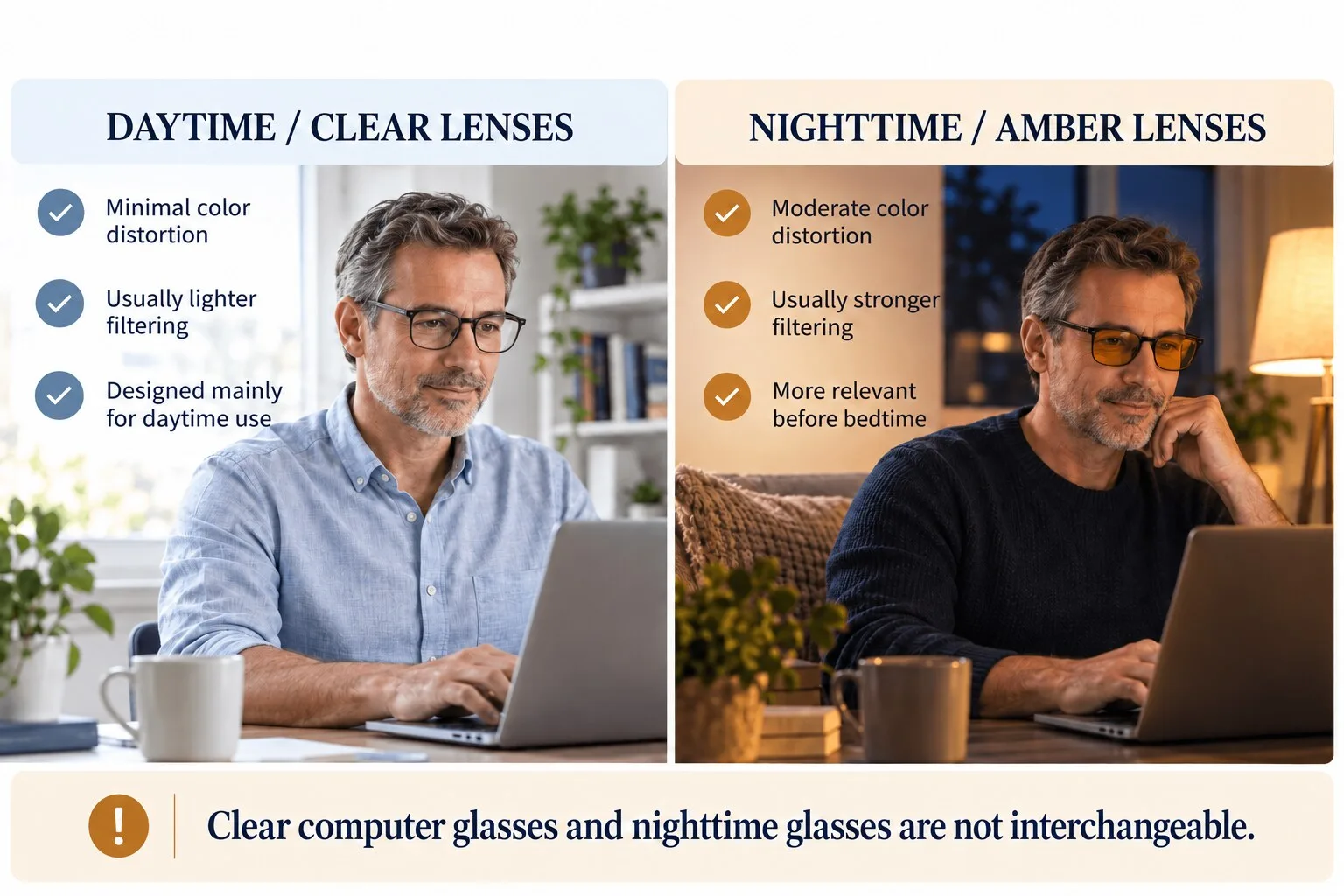 Comparison of clear daytime glasses and amber nighttime blue blocking glasses