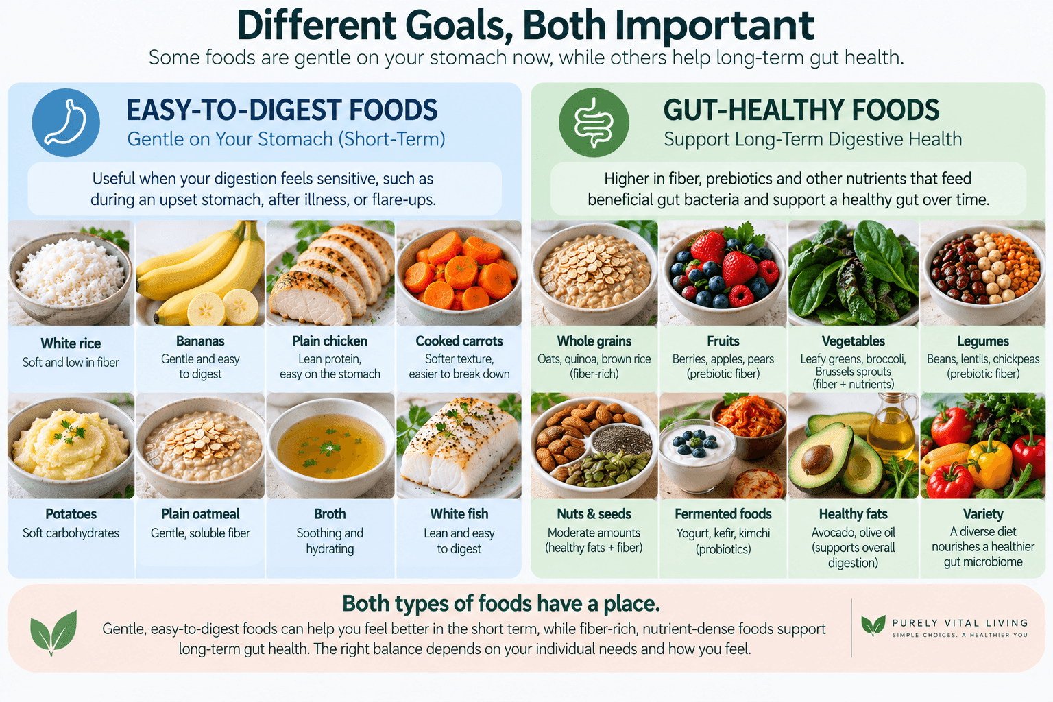 Easy-to-digest foods for short-term digestive comfort compared with fiber-rich foods that support long-term gut health