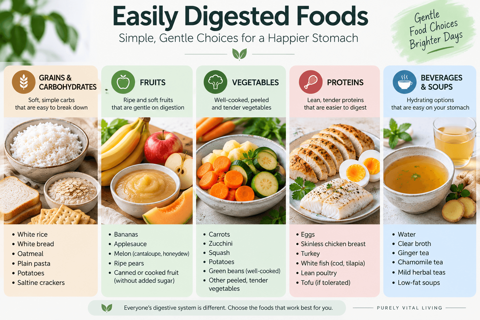 Examples of easily digested foods grouped by grains, fruits, vegetables, proteins, beverages and soups