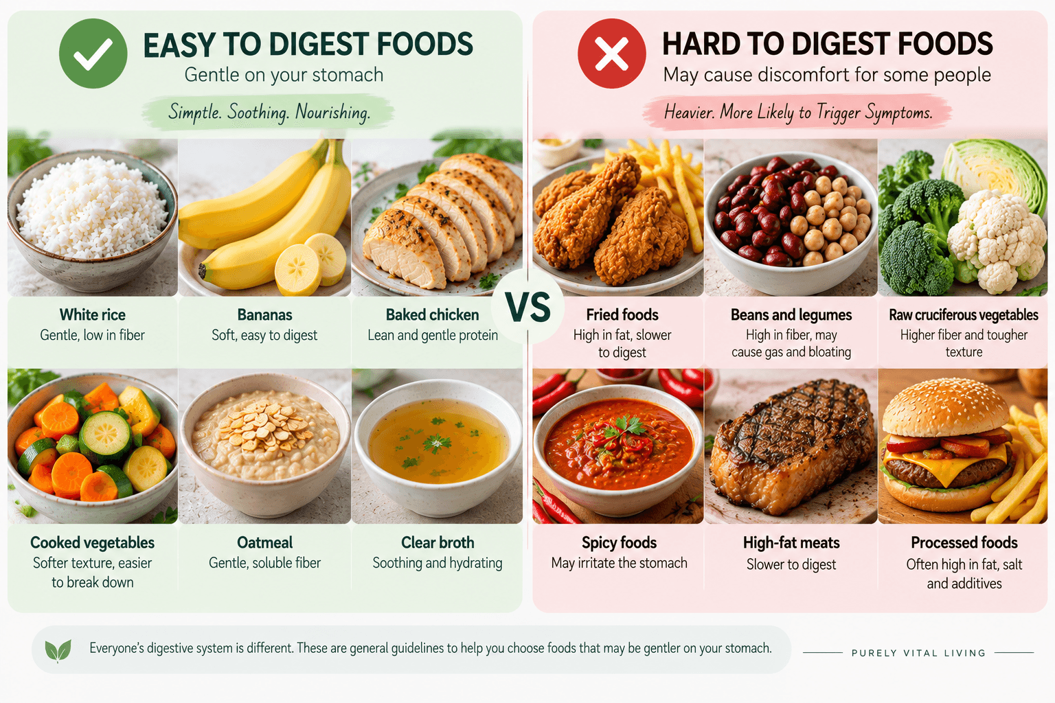 Easy-to-digest foods such as white rice, bananas, baked chicken and cooked vegetables compared with fried foods, beans, raw cruciferous vegetables and spicy foods
