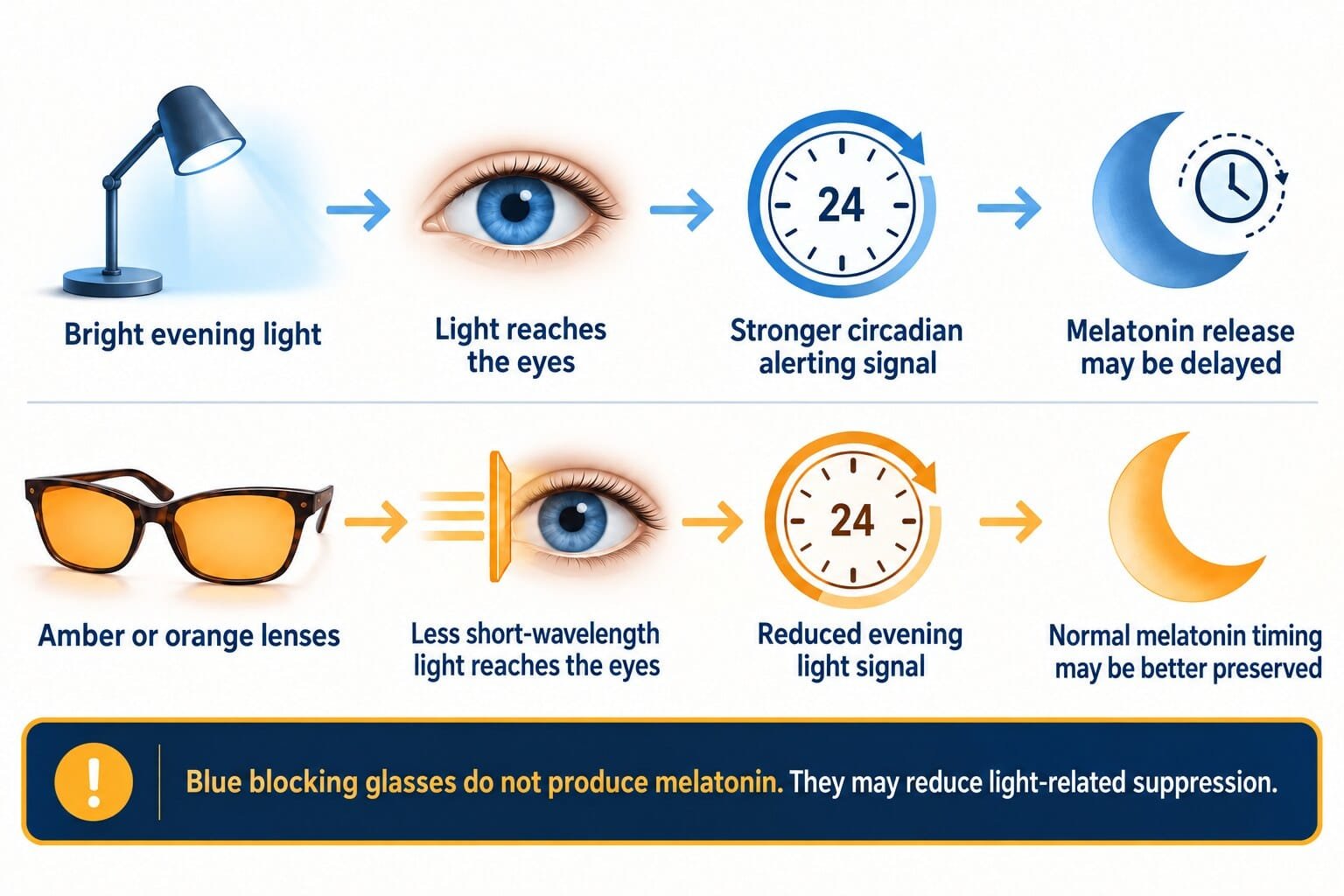Diagram comparing how bright evening light and amber lenses may affect circadian signals and melatonin timing