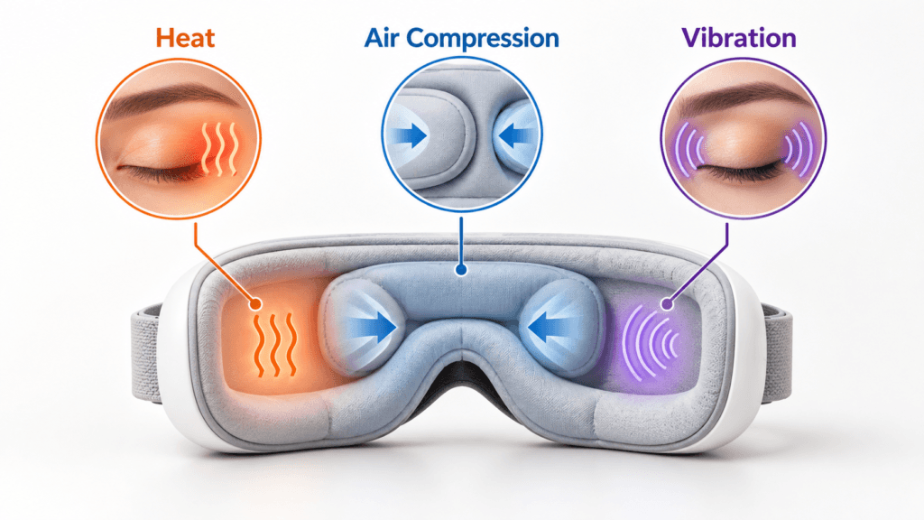 Eye massager heat air compression and vibration features explained