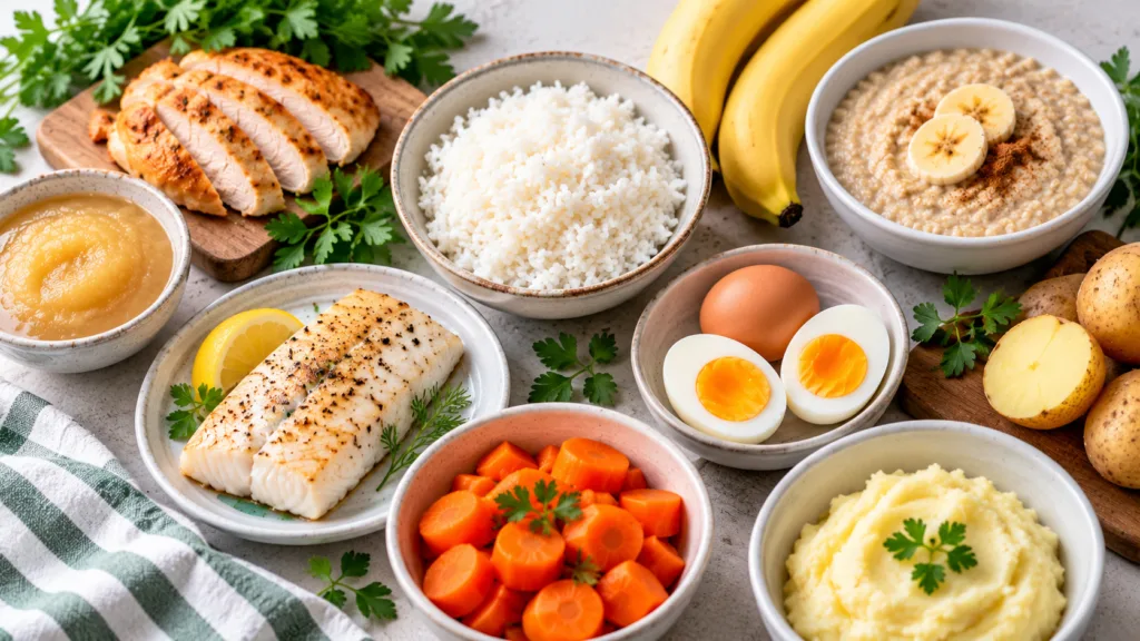 Easily digested foods including white rice, bananas, eggs, chicken, fish, cooked carrots, potatoes and oatmeal