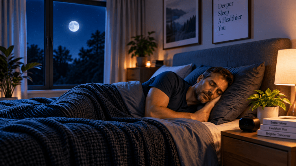 Man sleeping peacefully in a cool, dark bedroom to support deep sleep