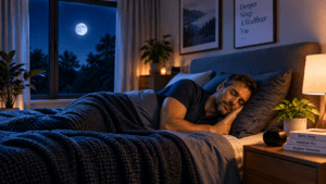 Man sleeping peacefully in a cool, dark bedroom to support deep sleep