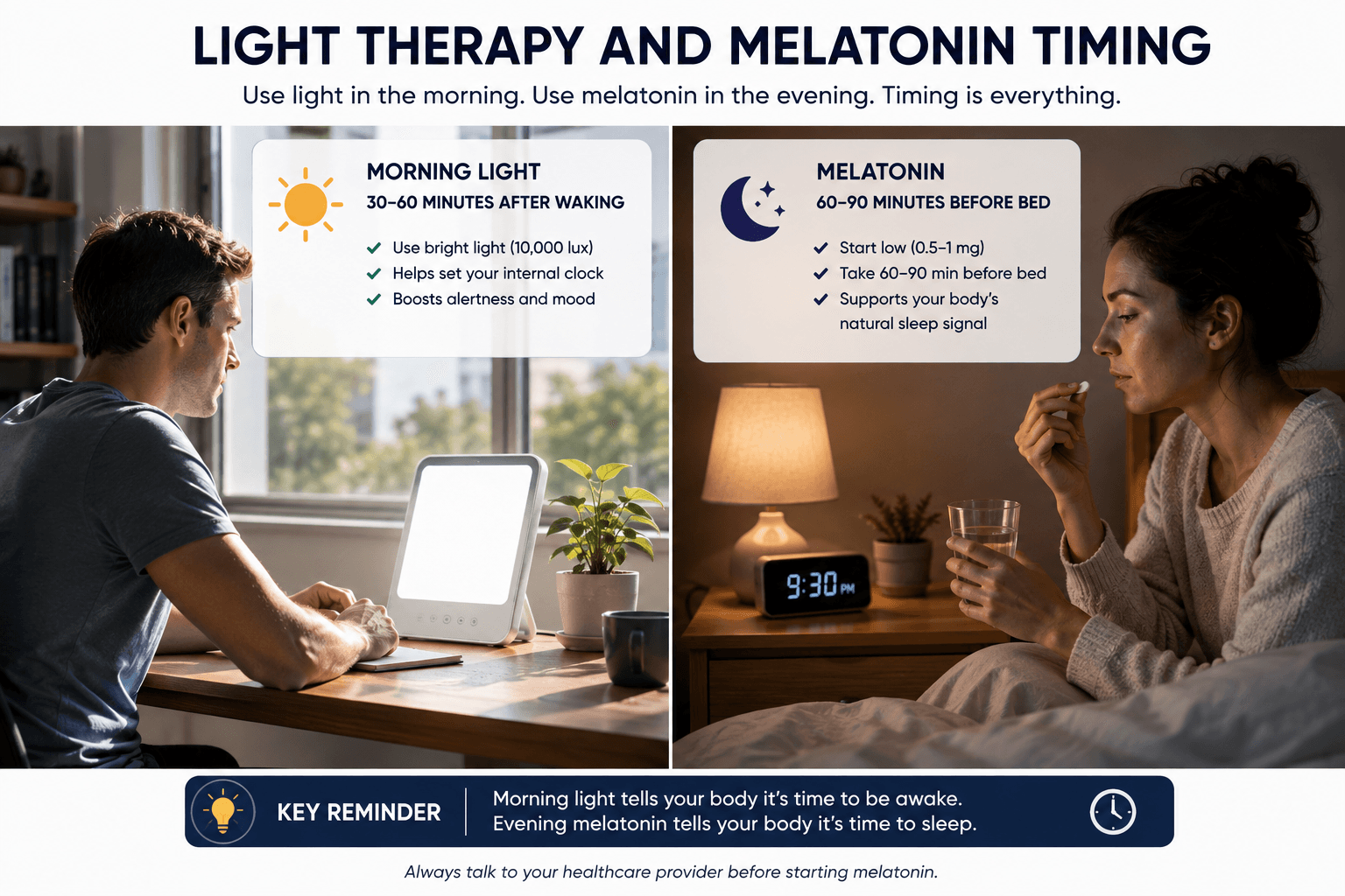 Morning light therapy and evening melatonin timing for resetting the sleep cycle