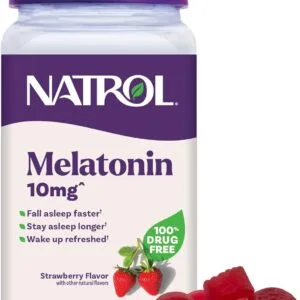 Natrol Melatonin 10 mg Gummies bottle, 140-count strawberry flavor