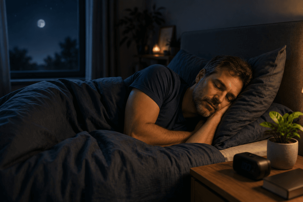 Man sleeping peacefully in a cool, dark bedroom to support deep sleep
