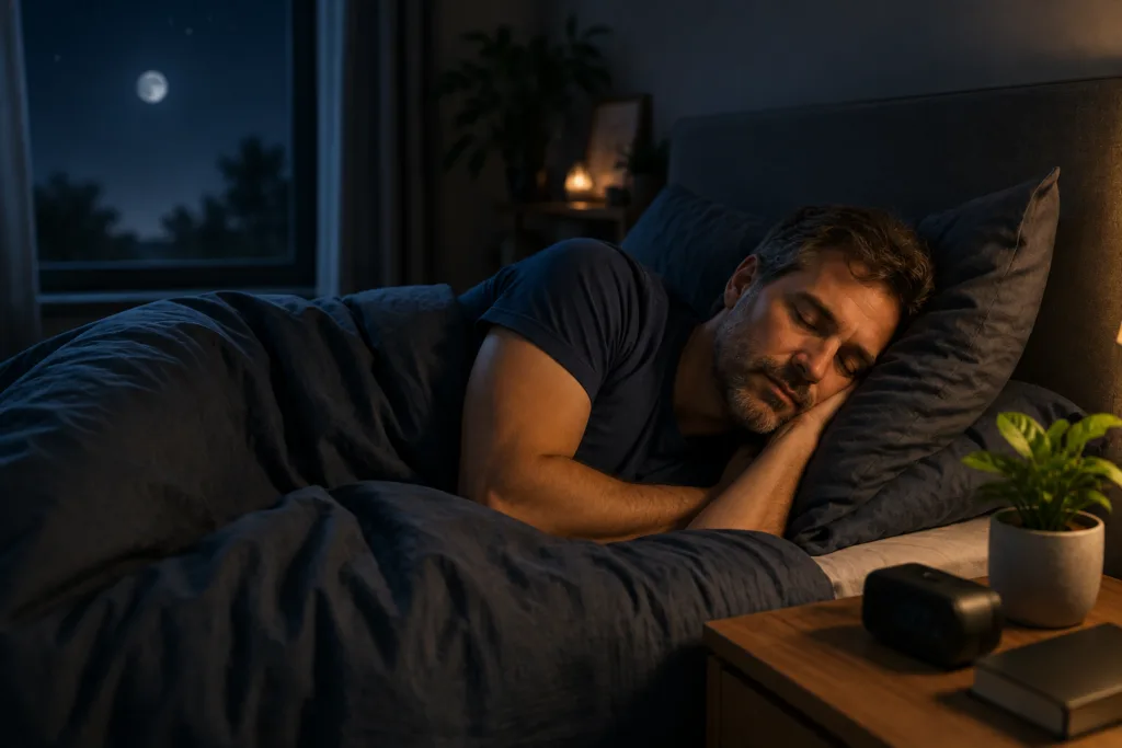 Man sleeping peacefully in a cool, dark bedroom to support deep sleep