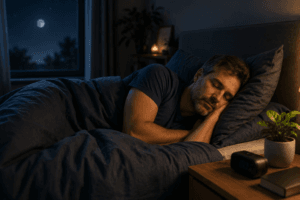 Man sleeping peacefully in a cool, dark bedroom to support deep sleep