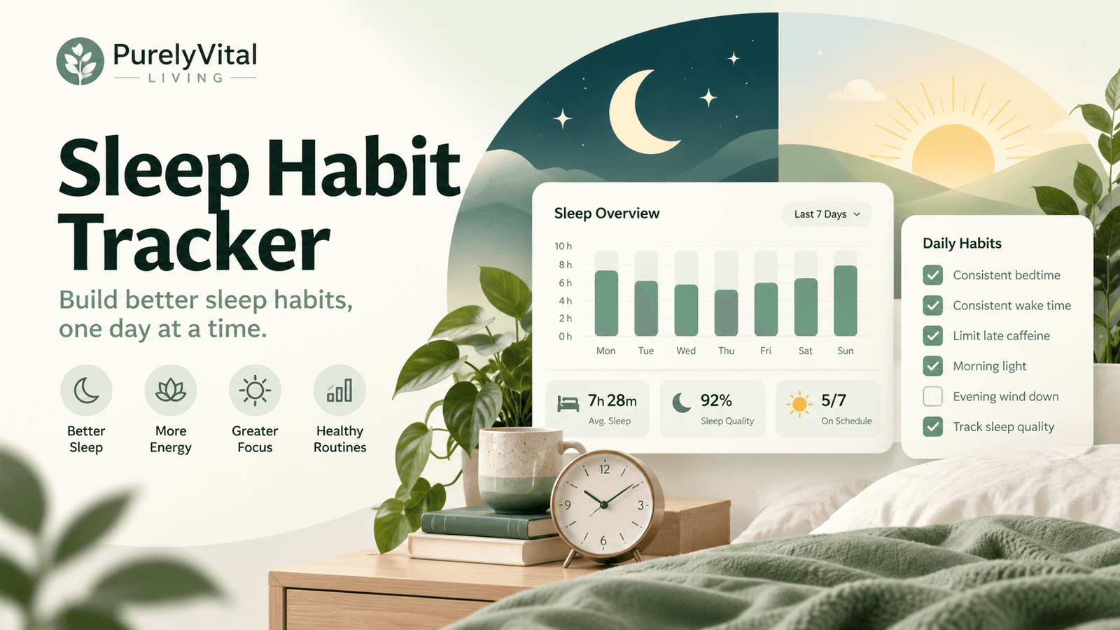 Sleep Habit Tracker dashboard and daily sleep habits illustration