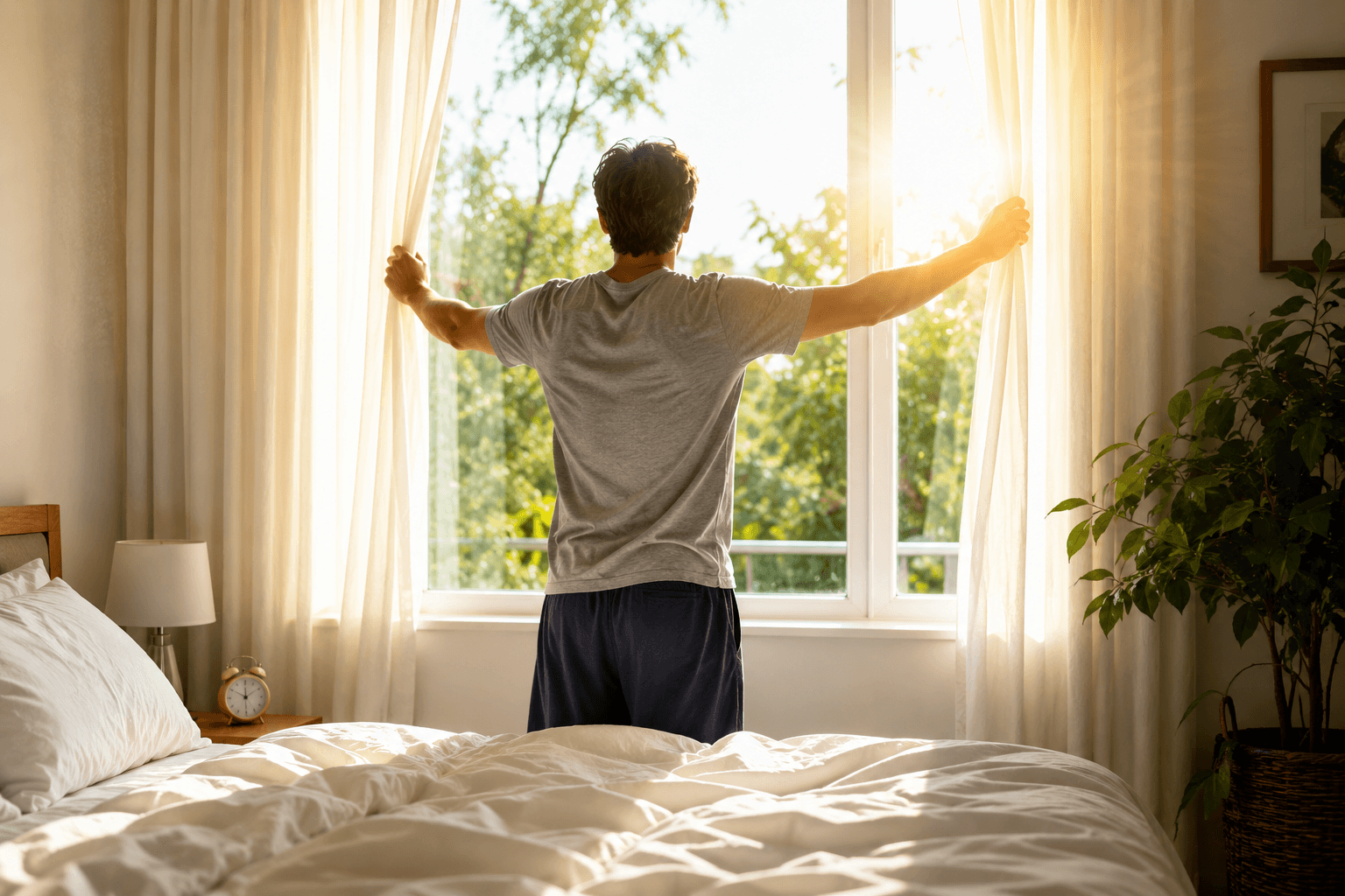 Adult opening bedroom curtains to get morning sunlight and help reset the sleep cycle