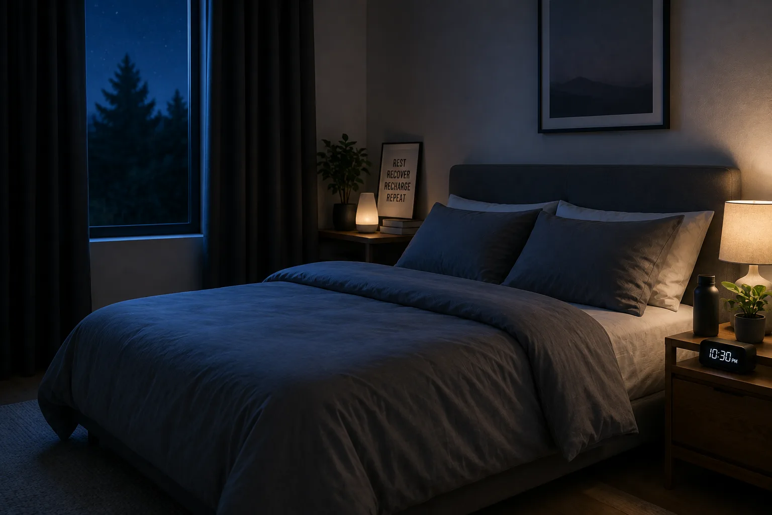 Cool dark quiet bedroom environment designed to support deeper sleep