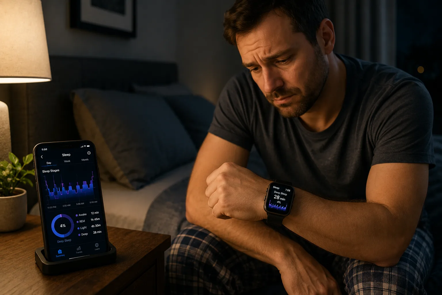 Adult checking a low deep sleep score on a smartwatch and sleep tracking app
