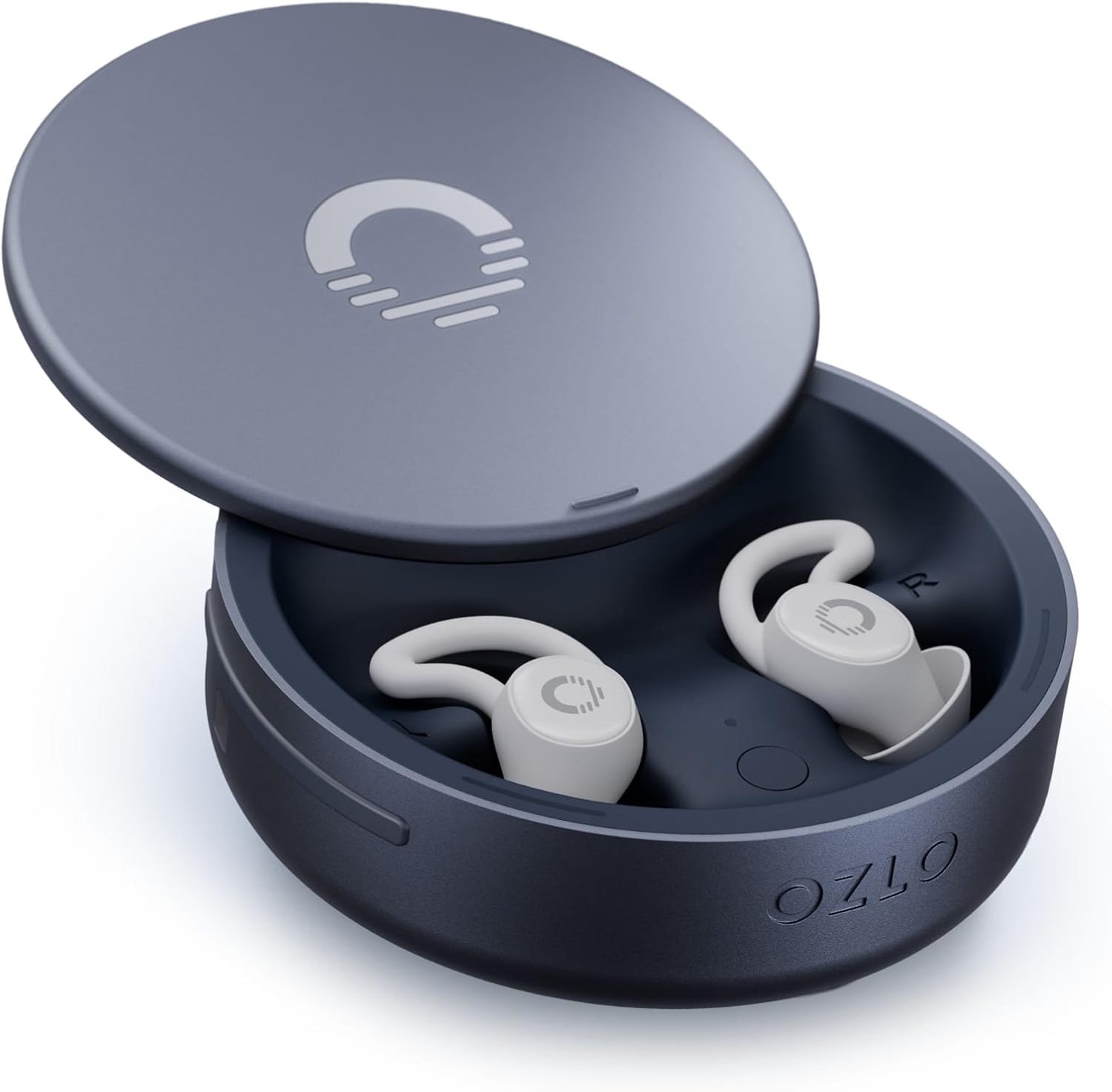 Ozlo Sleepbuds 2 earbuds inside the open Smart Charging Case