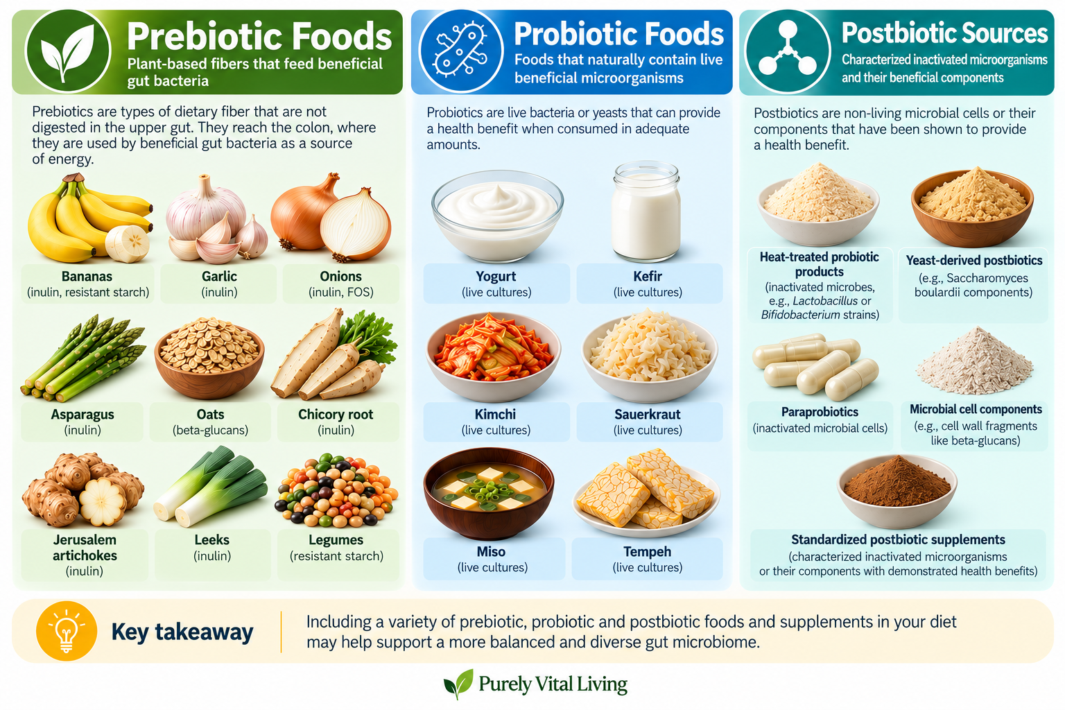 Prebiotic food examples, fermented foods with live cultures, and examples of inactivated microbial postbiotic preparations