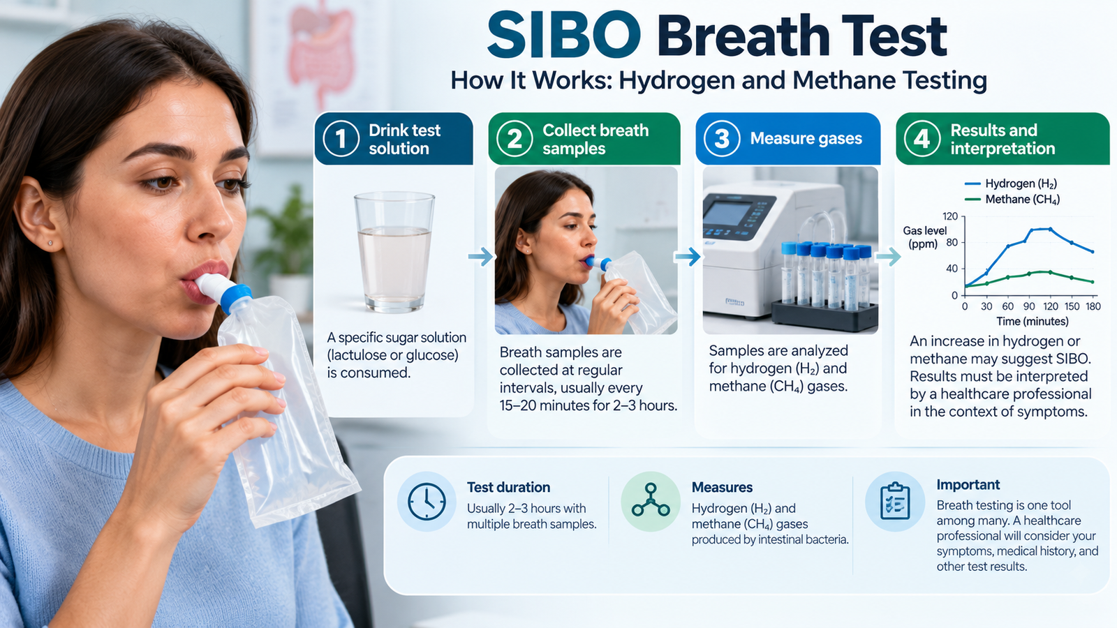 SIBO breath testing infographic showing test solution, breath sample collection, hydrogen and methane measurement, and clinical interpretation