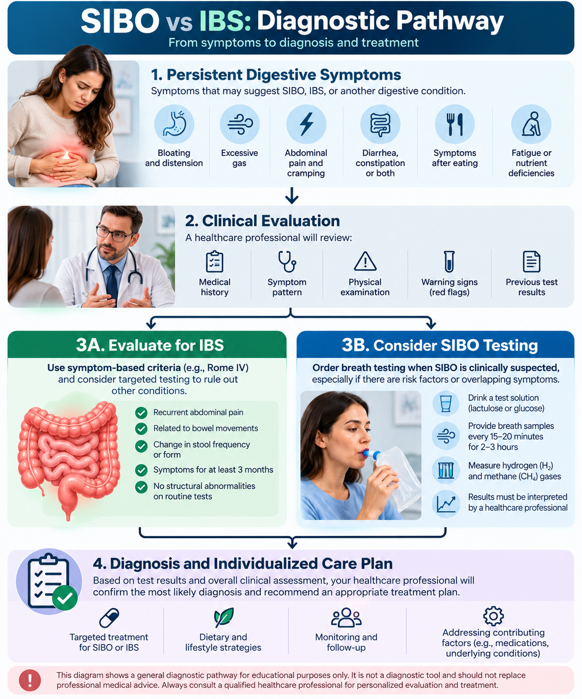 SIBO versus IBS diagnostic pathway from persistent digestive symptoms through clinical evaluation, IBS assessment, selective breath testing, and individualized care
